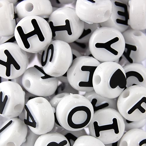Assorted Letter Beads, 10mm Round, White with Black Letters