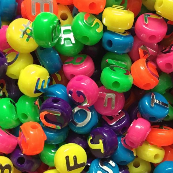 Assorted Letter Beads, 10mm Round, Neon Multi-Color with Sil