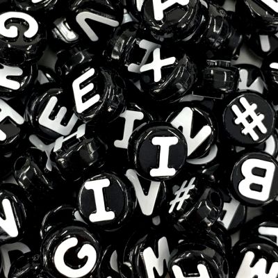 Assorted Letter Beads, 10mm Round, White with Black Letters