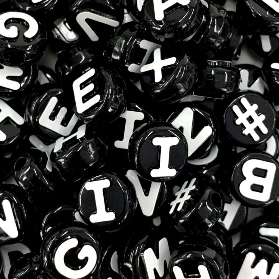 Assorted Letter Beads, 10mm Round, Black with White Letters