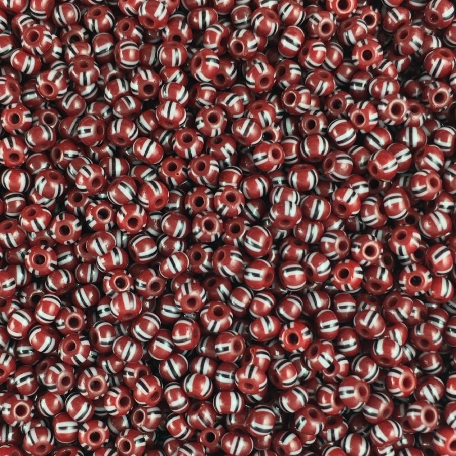 Round Seed Beads, Glass, Size 8/0, Red with Black & White St