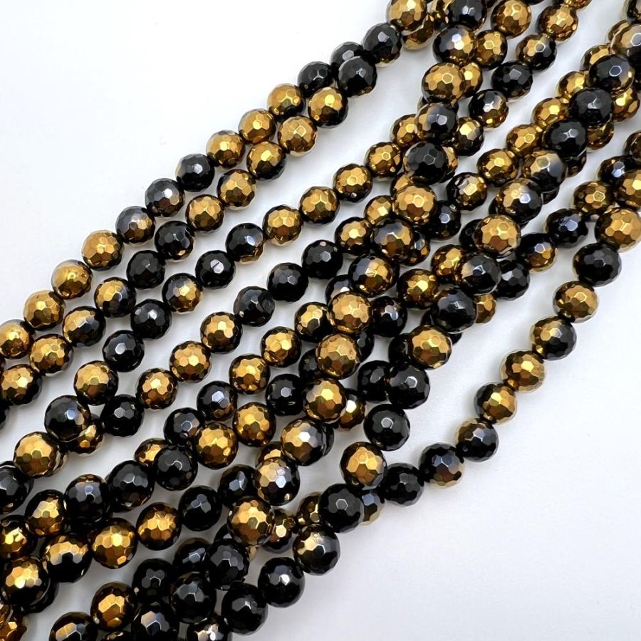 8mm Round Faceted Half-Gold Black Agate (16