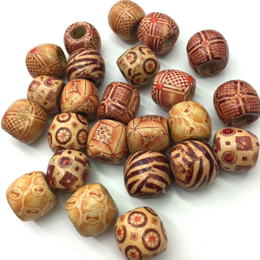 16mm Large Hole, Printed Barrel Wood Bead (24 Pieces)